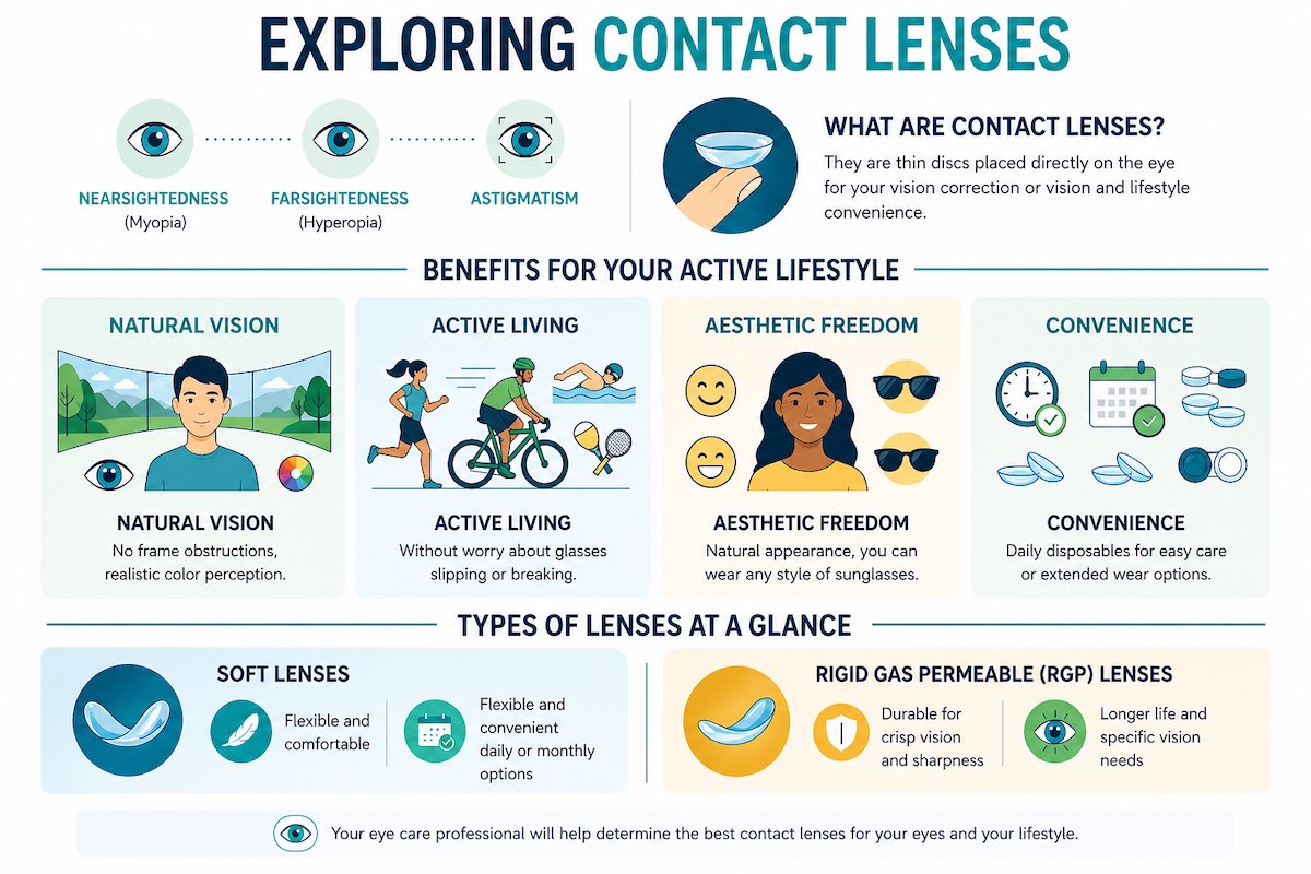 Infographic explaining contact lenses, including vision correction uses, lifestyle benefits, soft lenses, and rigid gas-permeable lenses.