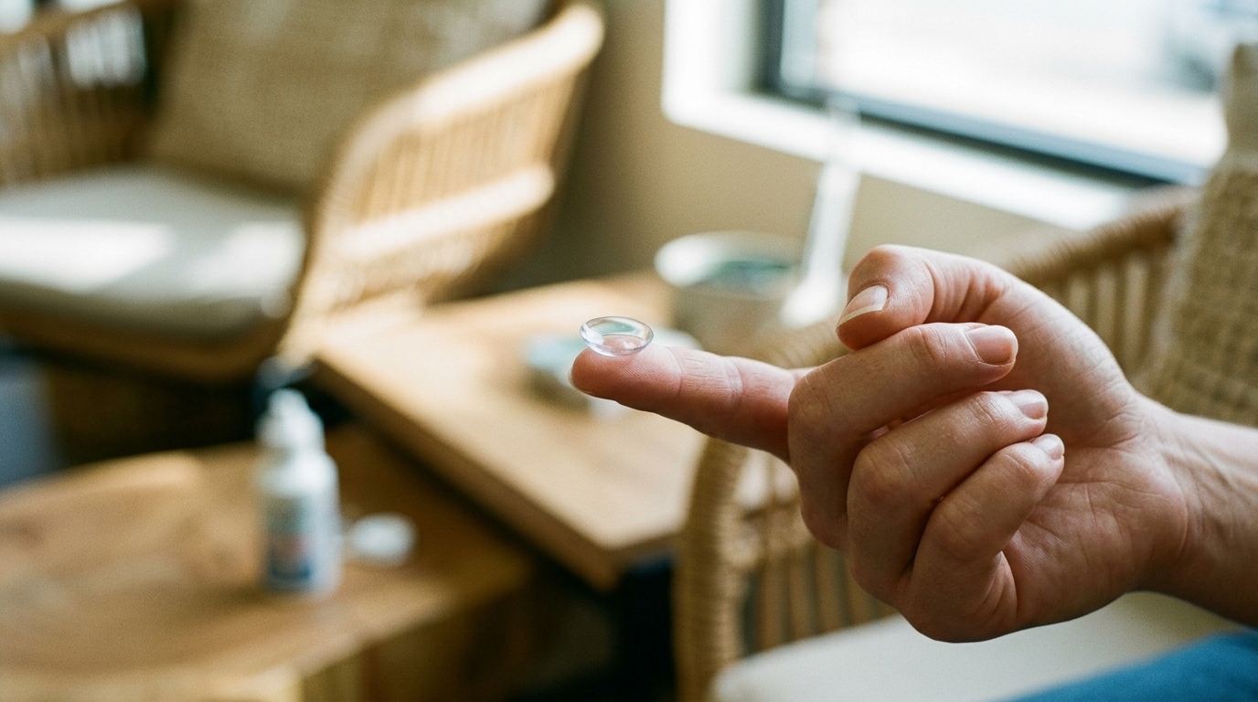 Person holding a soft contact lens on their fingertip before inserting it.