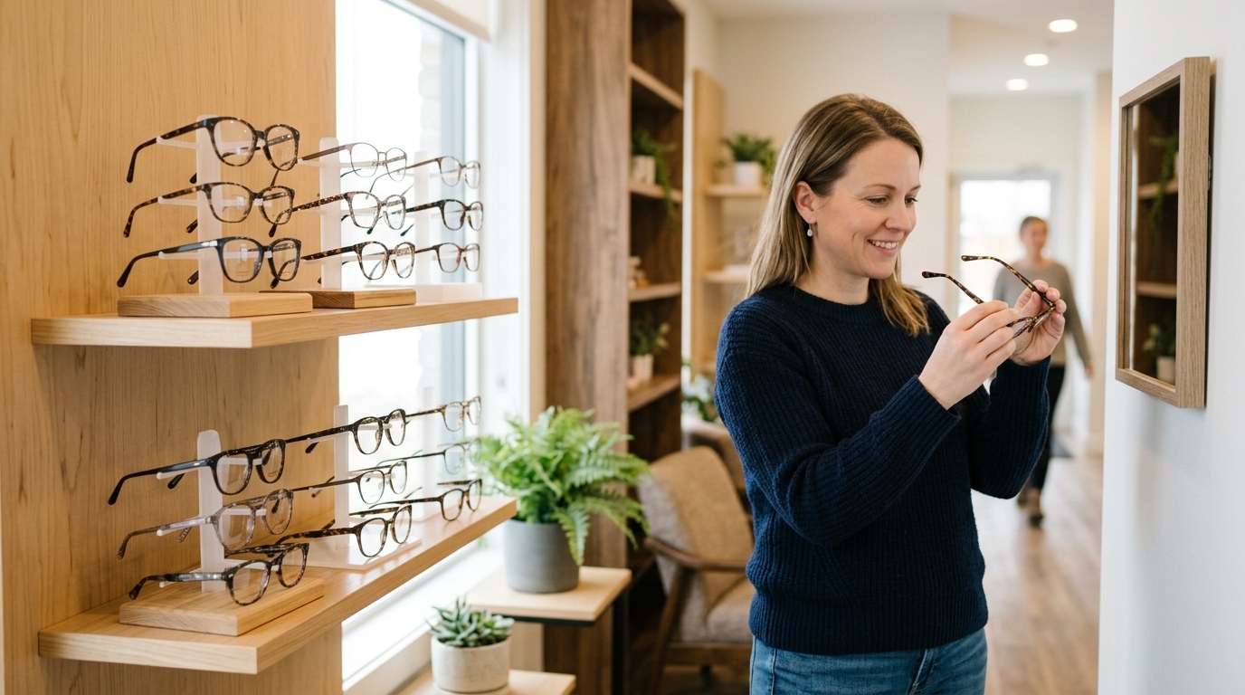 Woman selecting eyeglass frames from a display inside an optical boutique.