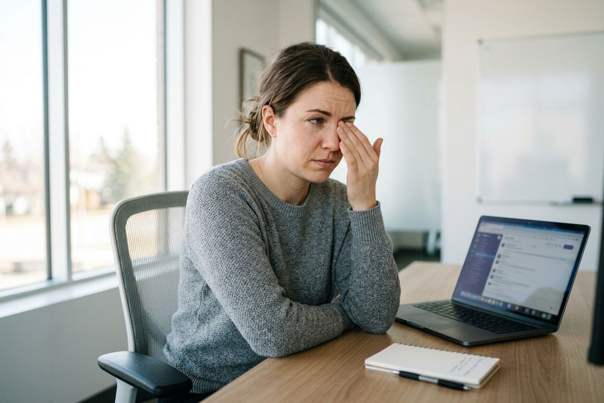 Woman working at laptop rubbing her eye.