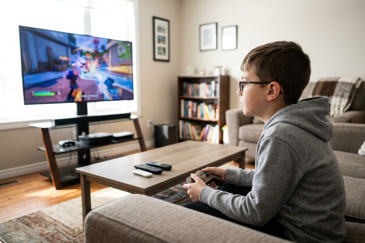 Child wearing glasses sits on a sofa holding a game controller, playing a colorful video game on a TV in a living room.