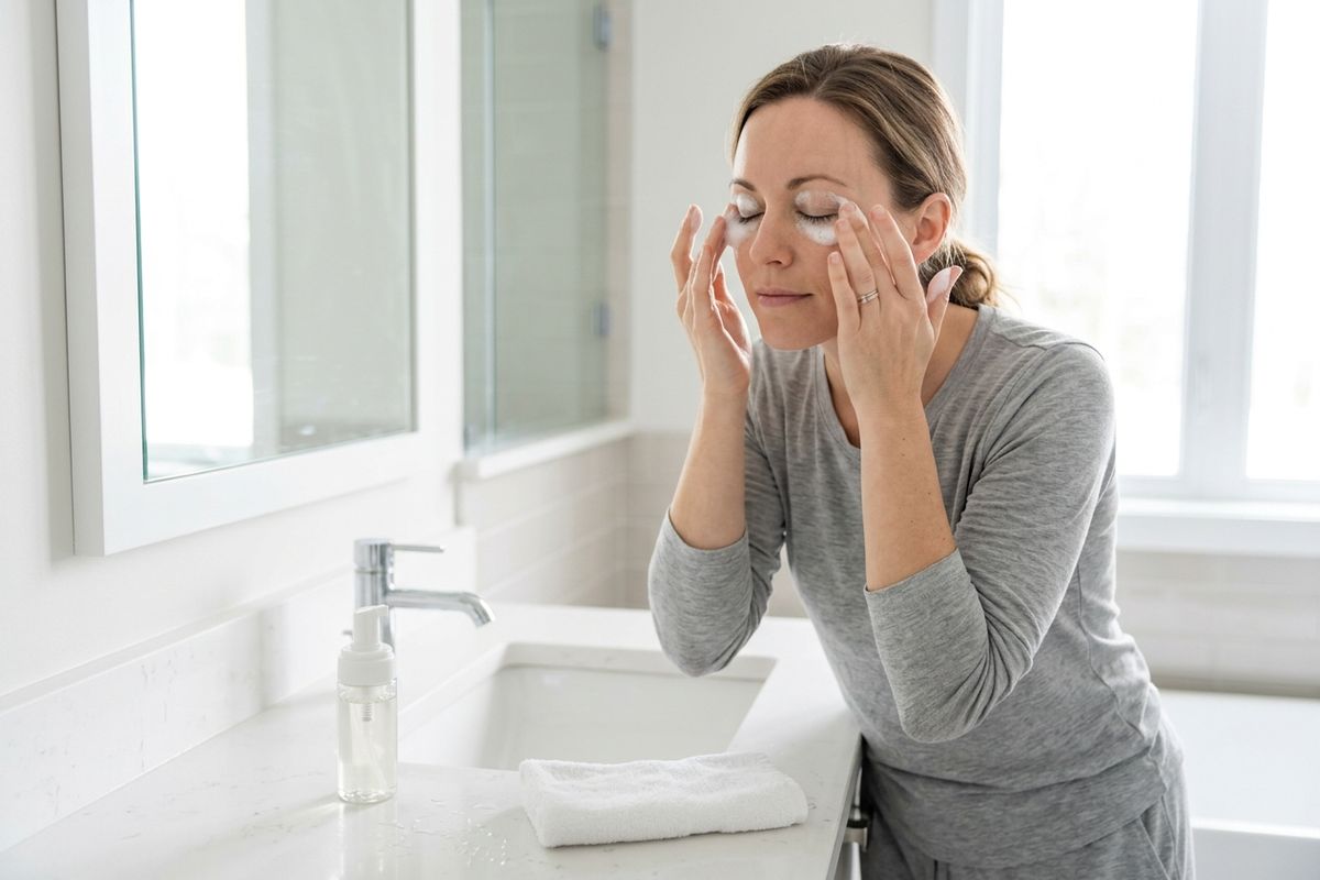 Woman washing her eyelids with product.