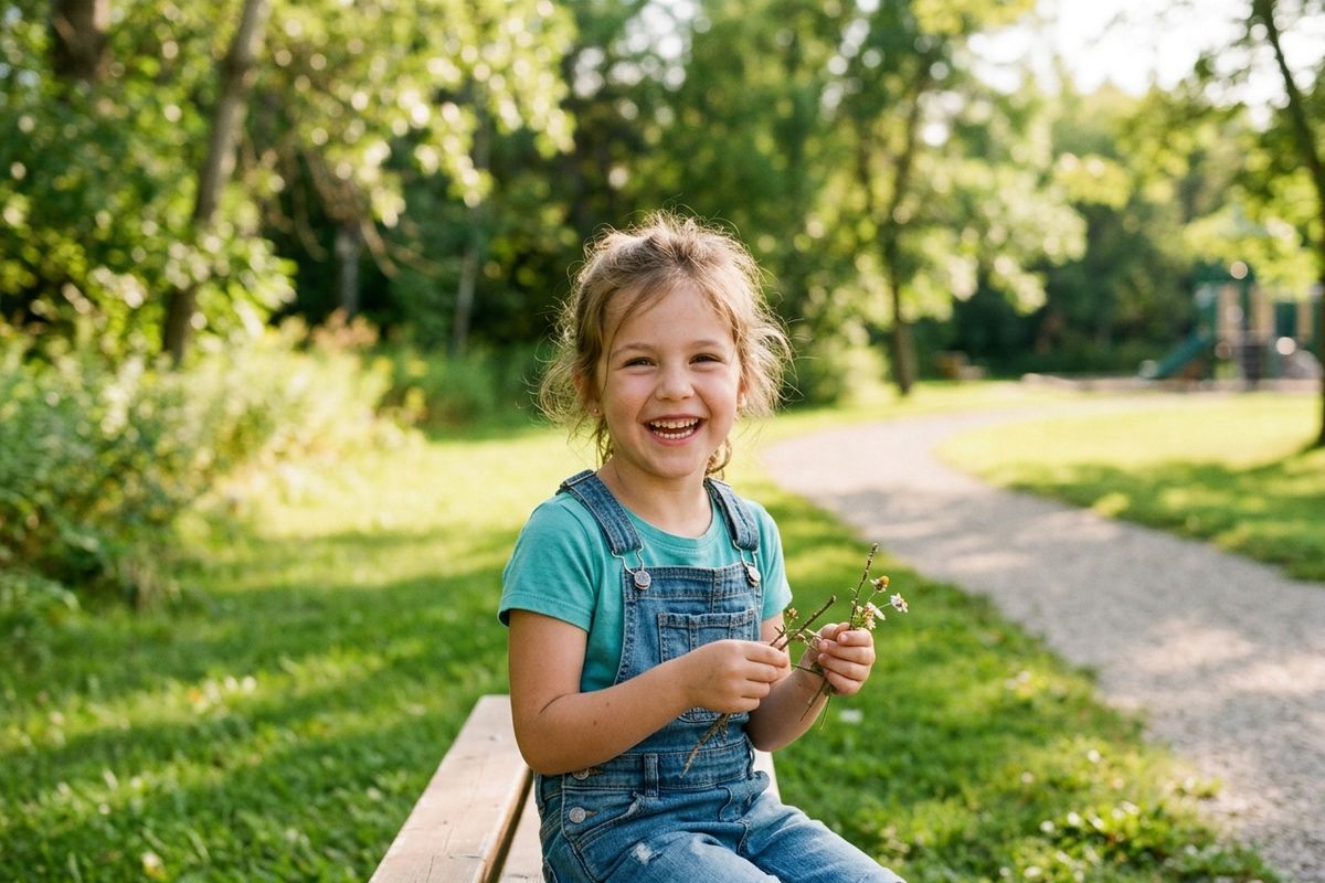 Happy young girl sitting on a bench outside.