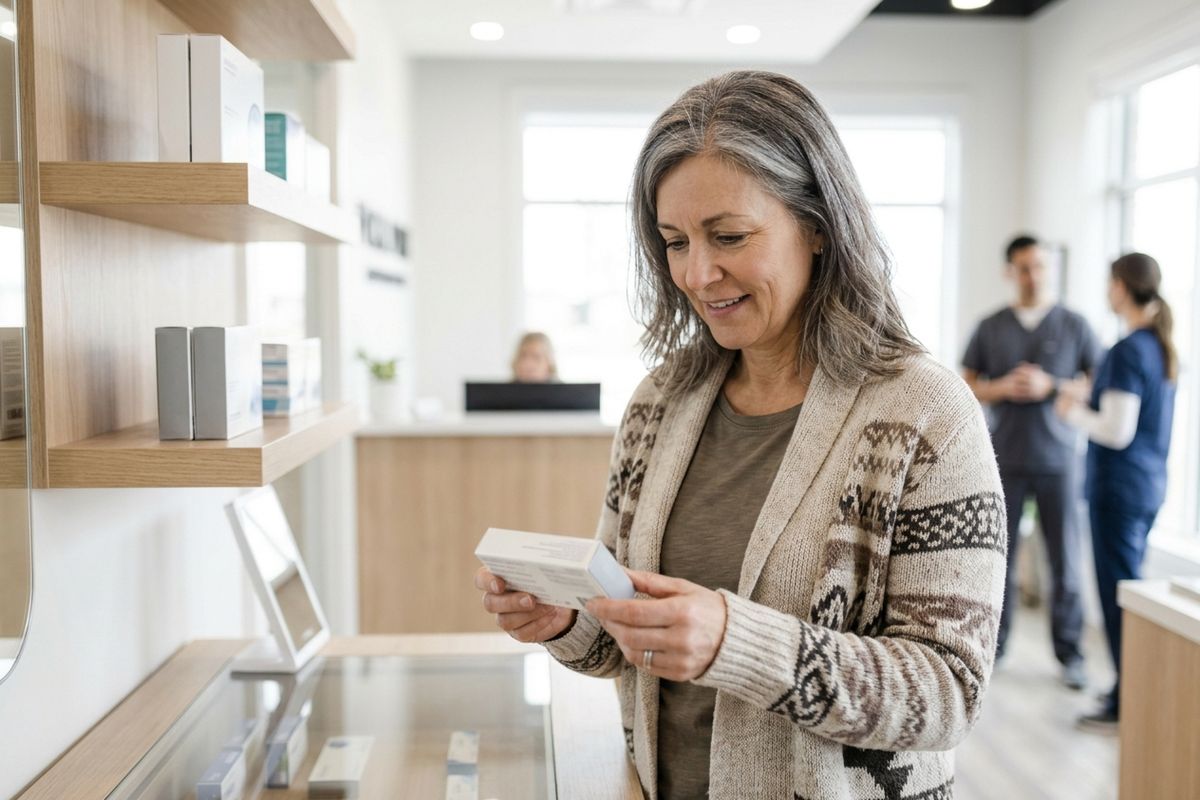 Adult reading a product box at a pharmacy shelf, smiling, with staff in scrubs in the background.