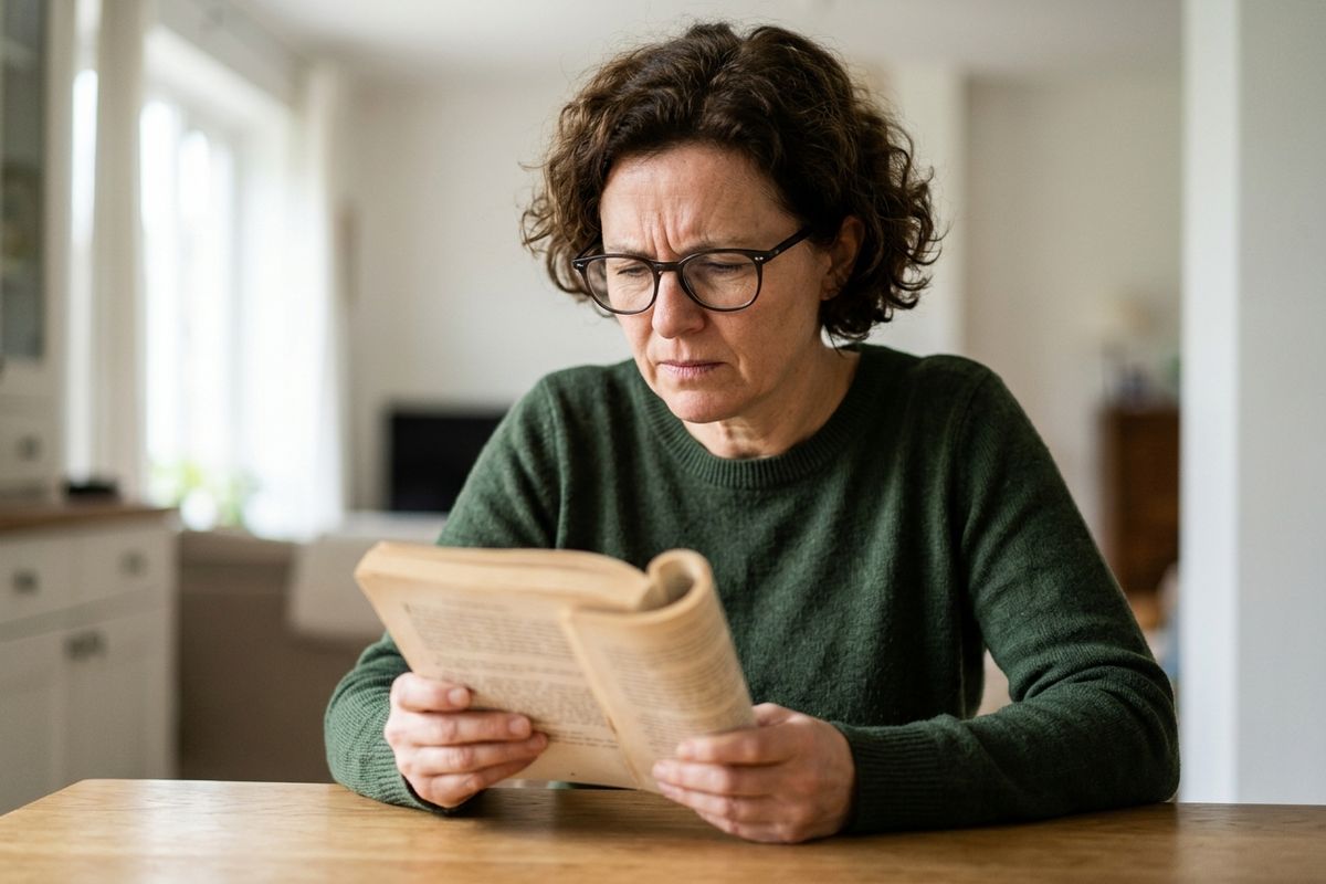 Adult with glasses reading a book at a table, frowning with focus.