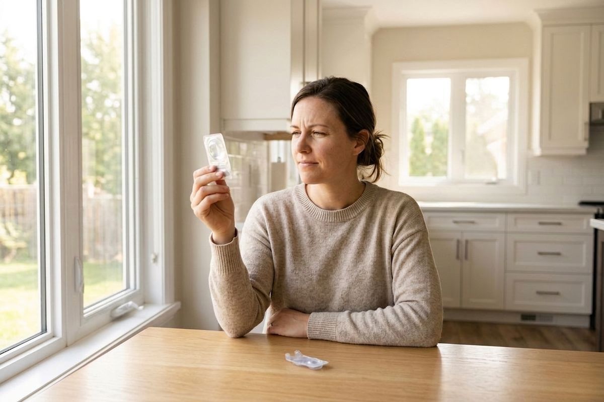 Person at a kitchen table examining a blister pack with a concerned expression.