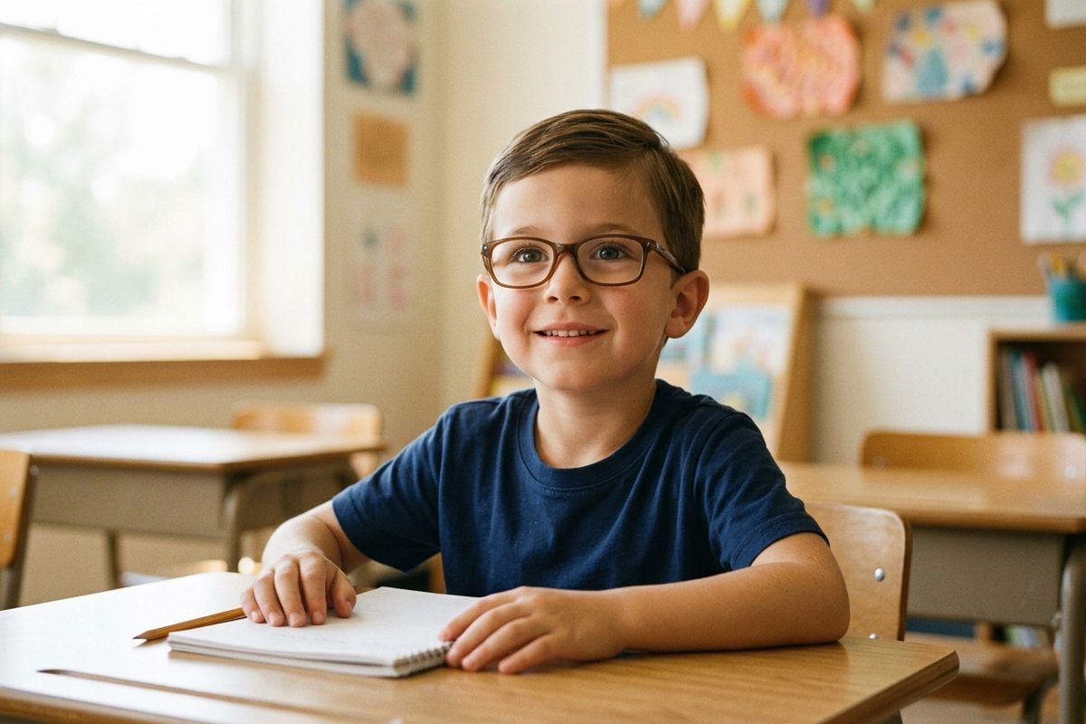 Smiling child wearing glasses sits at a classroom desk with a notebook and pencil.