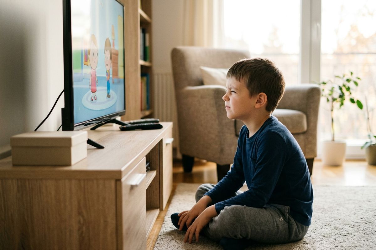 Child sitting cross-legged on floor watching a cartoon on TV, squinting at the screen in a living room.