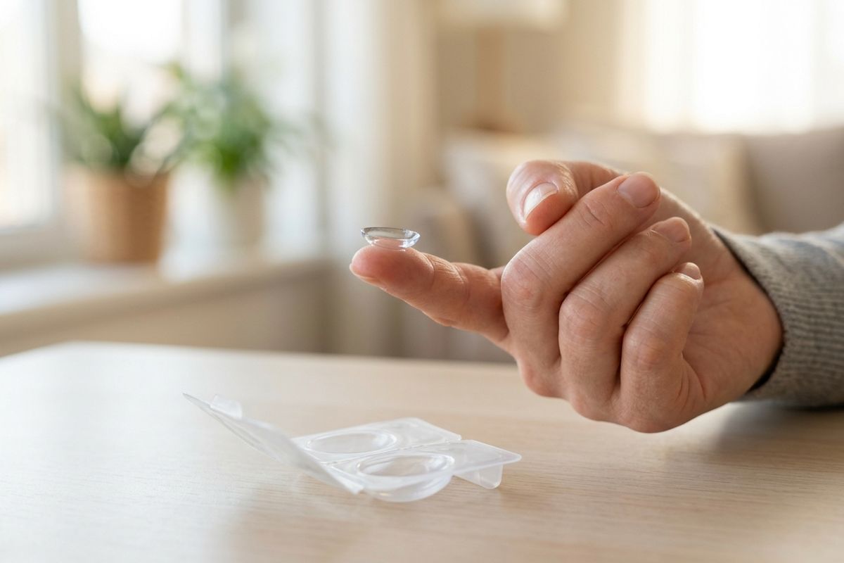 Person holding a contact lens on a fingertip, with an open lens case on a table.